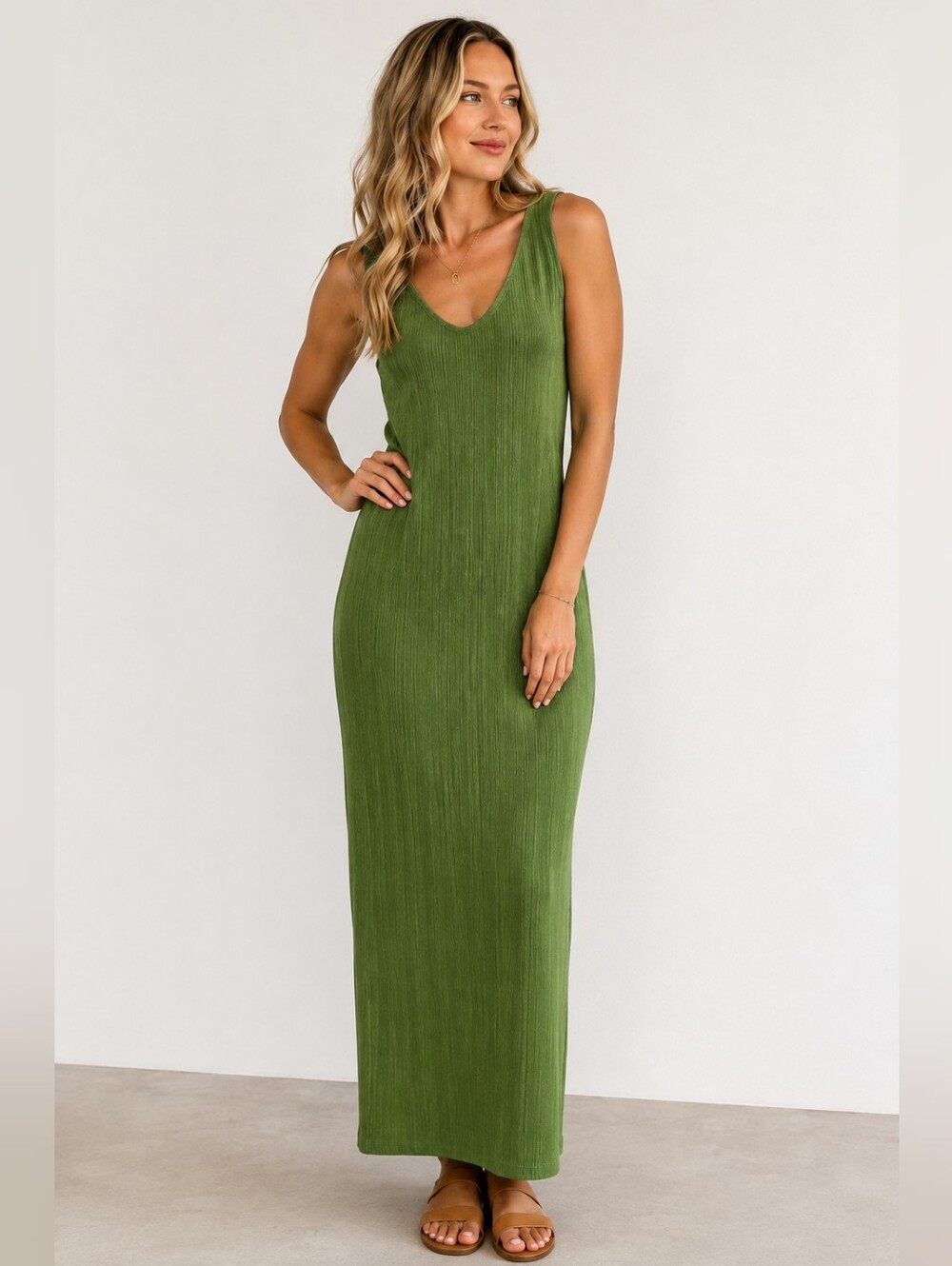 REFORMATION Bliss Ribbed Knit Sleeveless Maxi Dress Sz M Green Fall Minimalist
